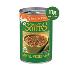 Amy's Lentil Soup can opened reveals colorful veggies and lentils