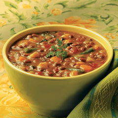 Filled bowl of Amy's Lentil Soup ready to heat and enjoy