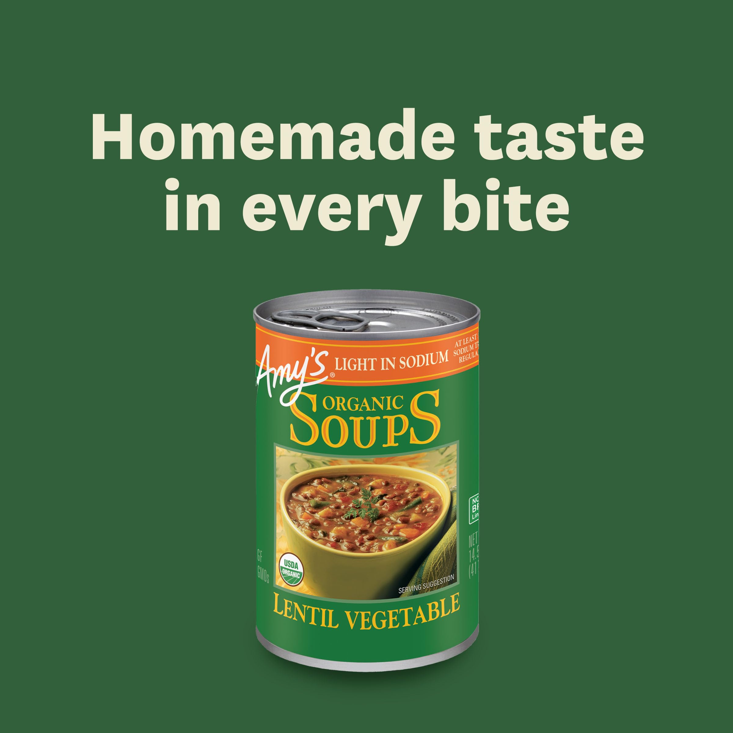 Organic vegetables in Amy's soup highlight wholesome ingredients