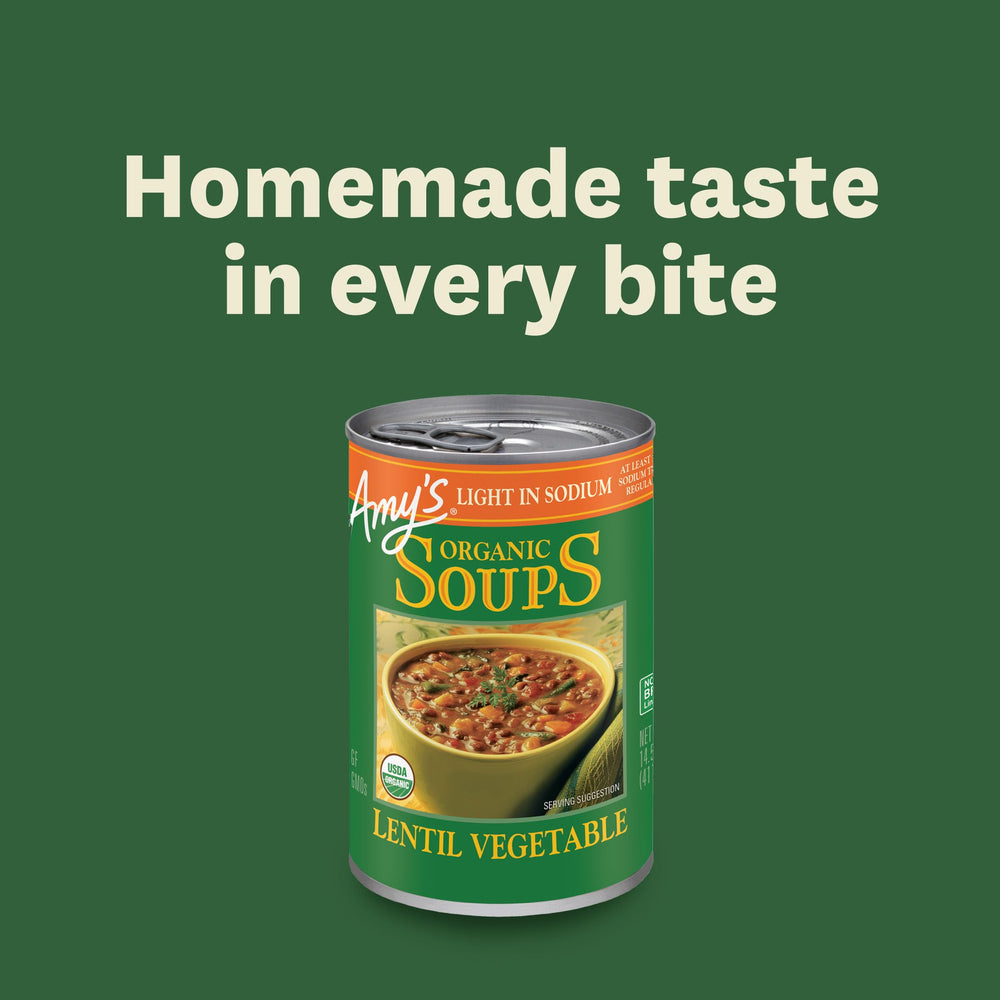Organic vegetables in Amy's soup highlight wholesome ingredients