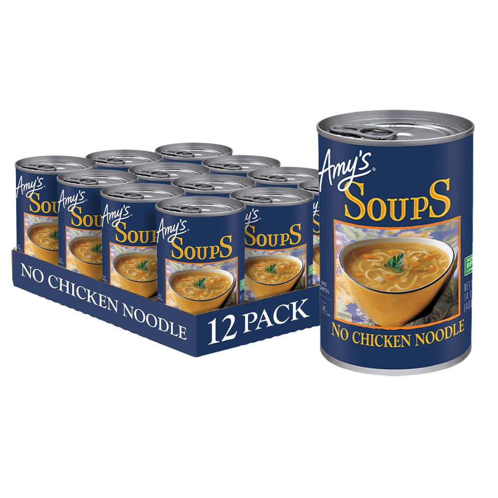 Amy's vegan No Chicken Noodle Soup twelve-pack cans for pantry meals