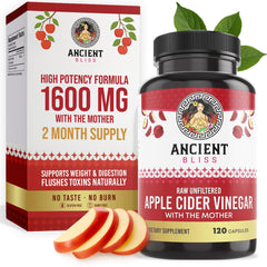 Ancient Bliss apple cider vinegar capsules bottle with The Mother, supporting digestive comfort.