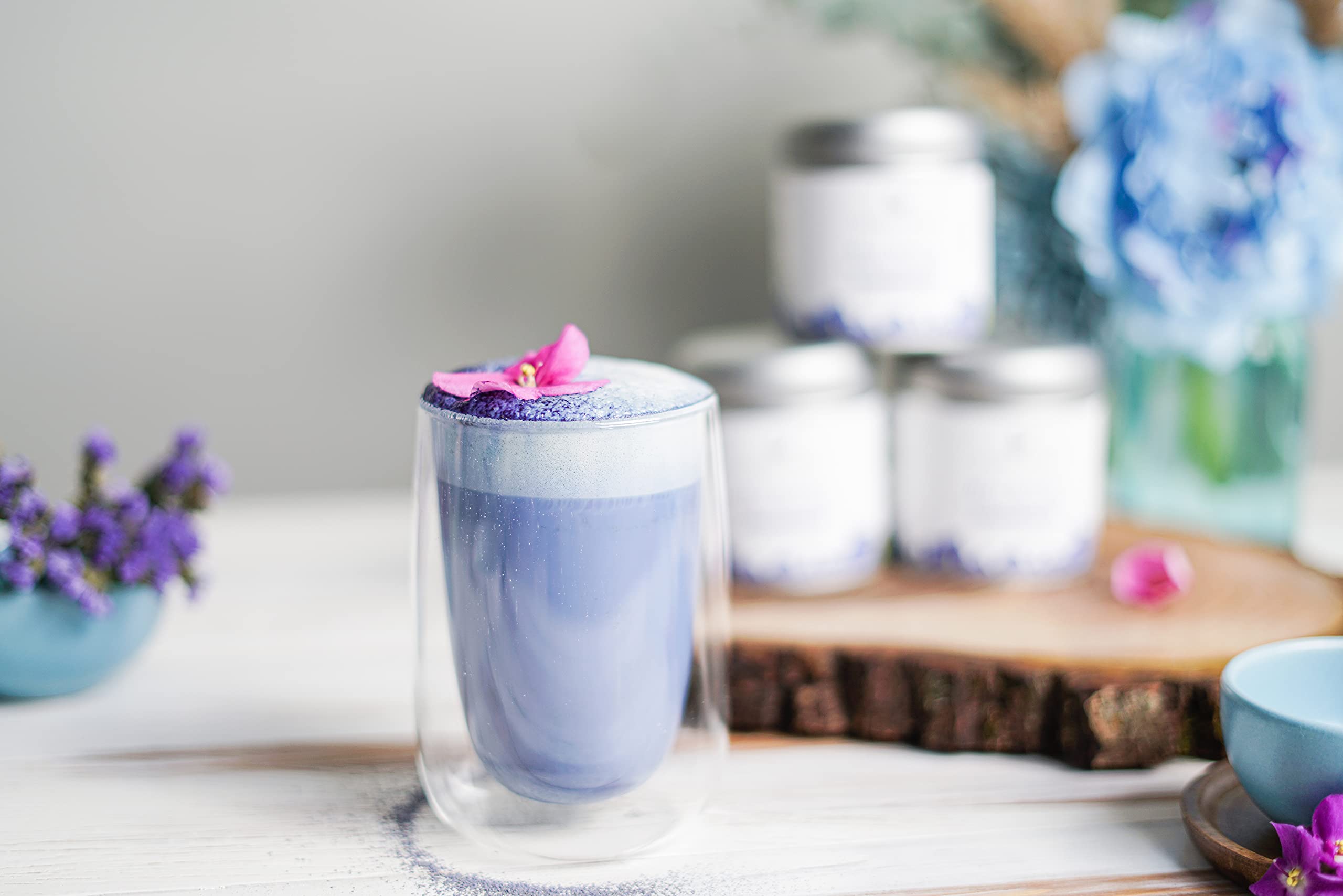 Ancient Choice blue matcha pour into a cup reveals vivid hue and aroma.