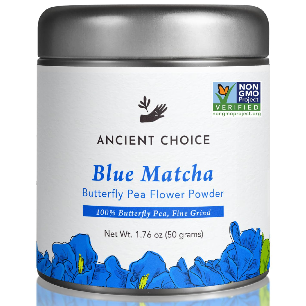 Ancient Choice blue matcha powder in a bowl shows vibrant color for smoothies and desserts.