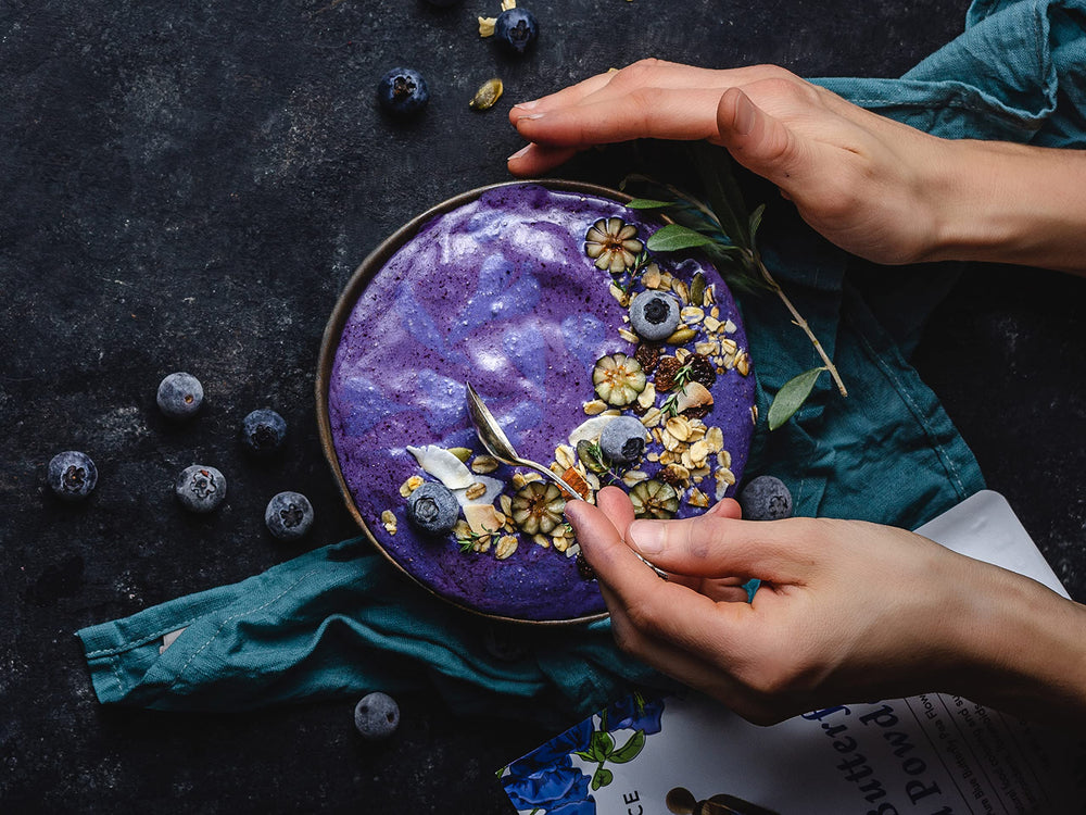 Ancient Choice blue matcha smoothie setup demonstrates versatile ingredient for drinks.