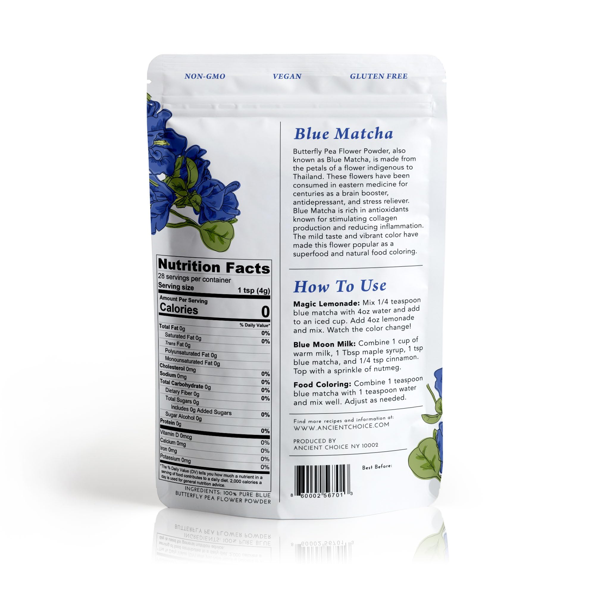 Ancient Choice blue matcha tea powder bottle adds vibrant color to beverages.