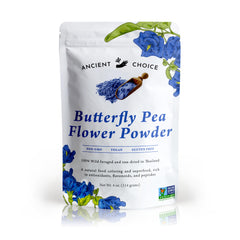 Ancient Choice butterfly pea flower powder in a 4oz jar for natural drink color.