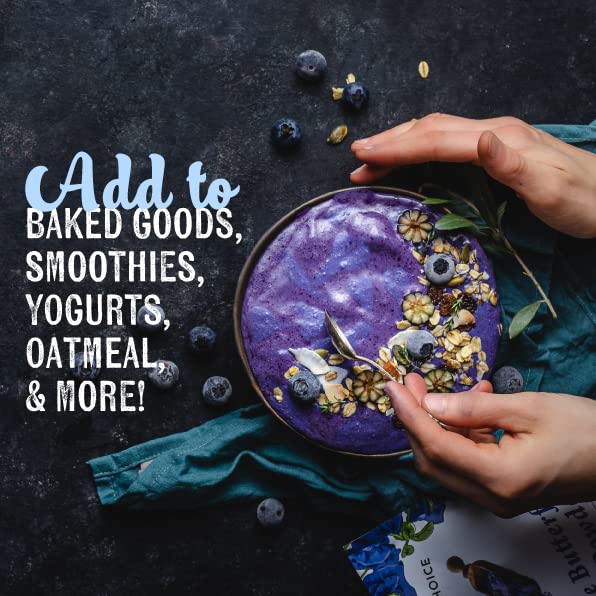 Ancient Choice natural food coloring powder swirls into desserts with a blue hue.
