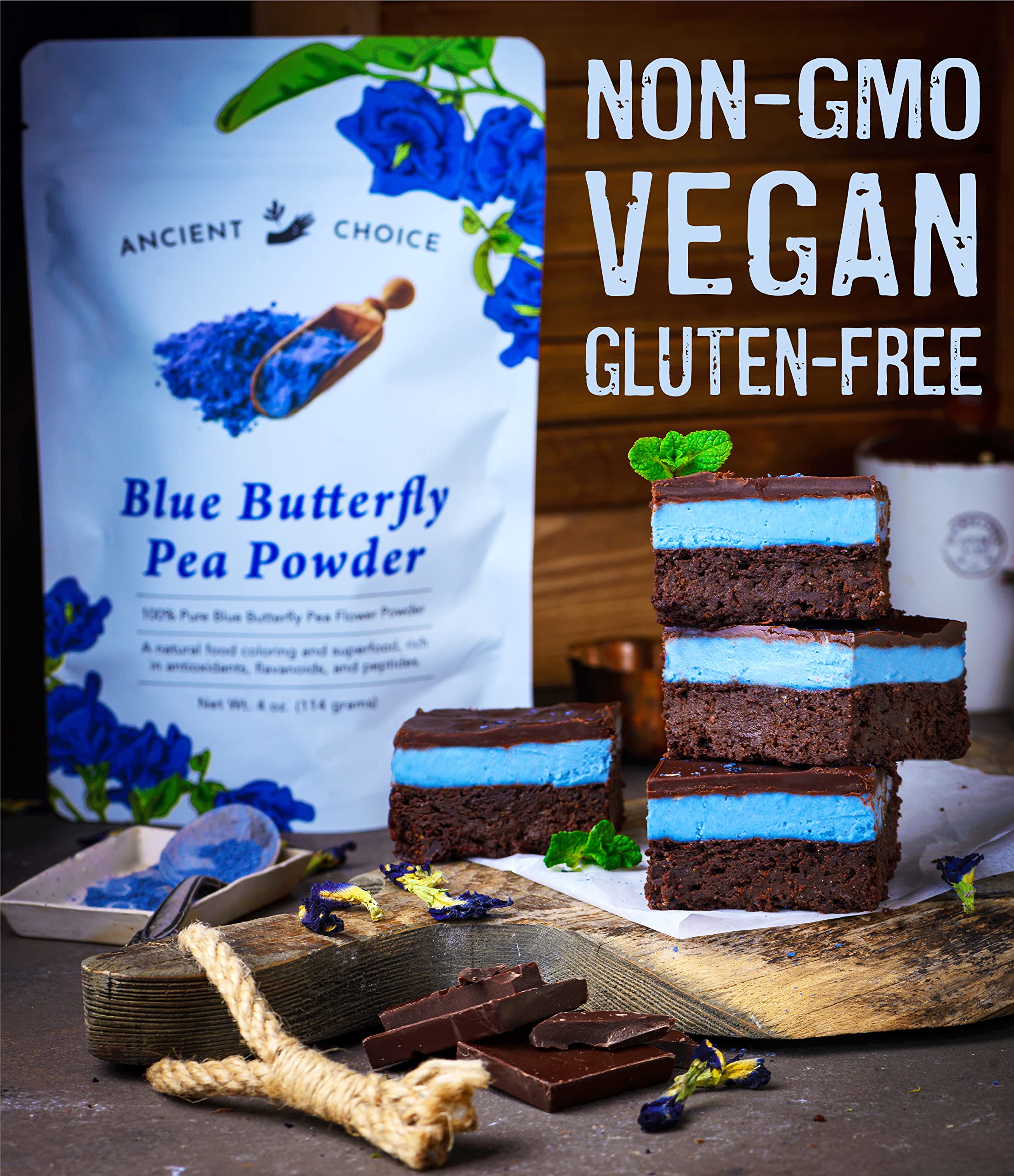 Ancient Choice vegan-friendly butterfly pea powder suits dairy-free milks and smoothies.
