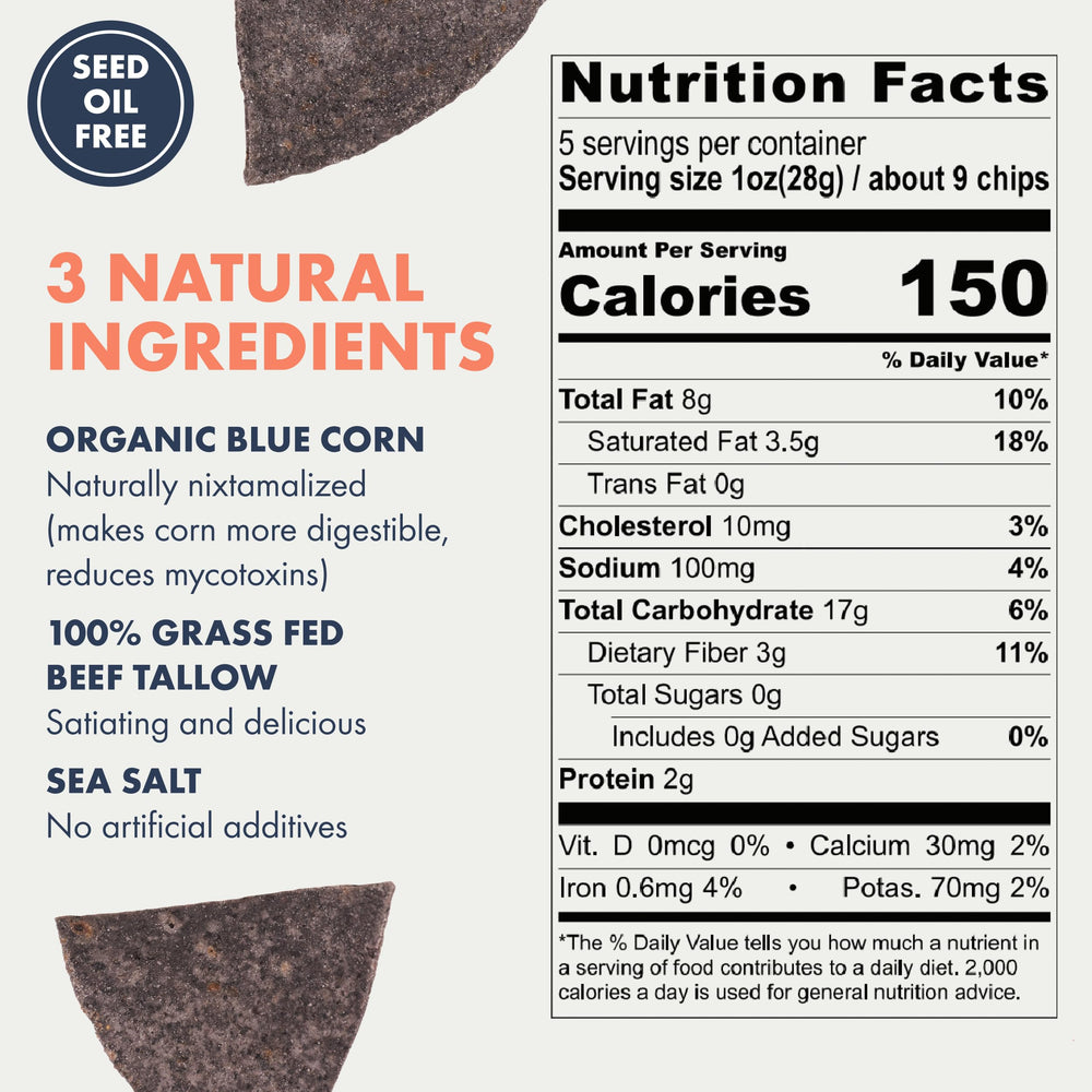 Ancient Crunch MASA Blue Corn Chips pack back with best by date
