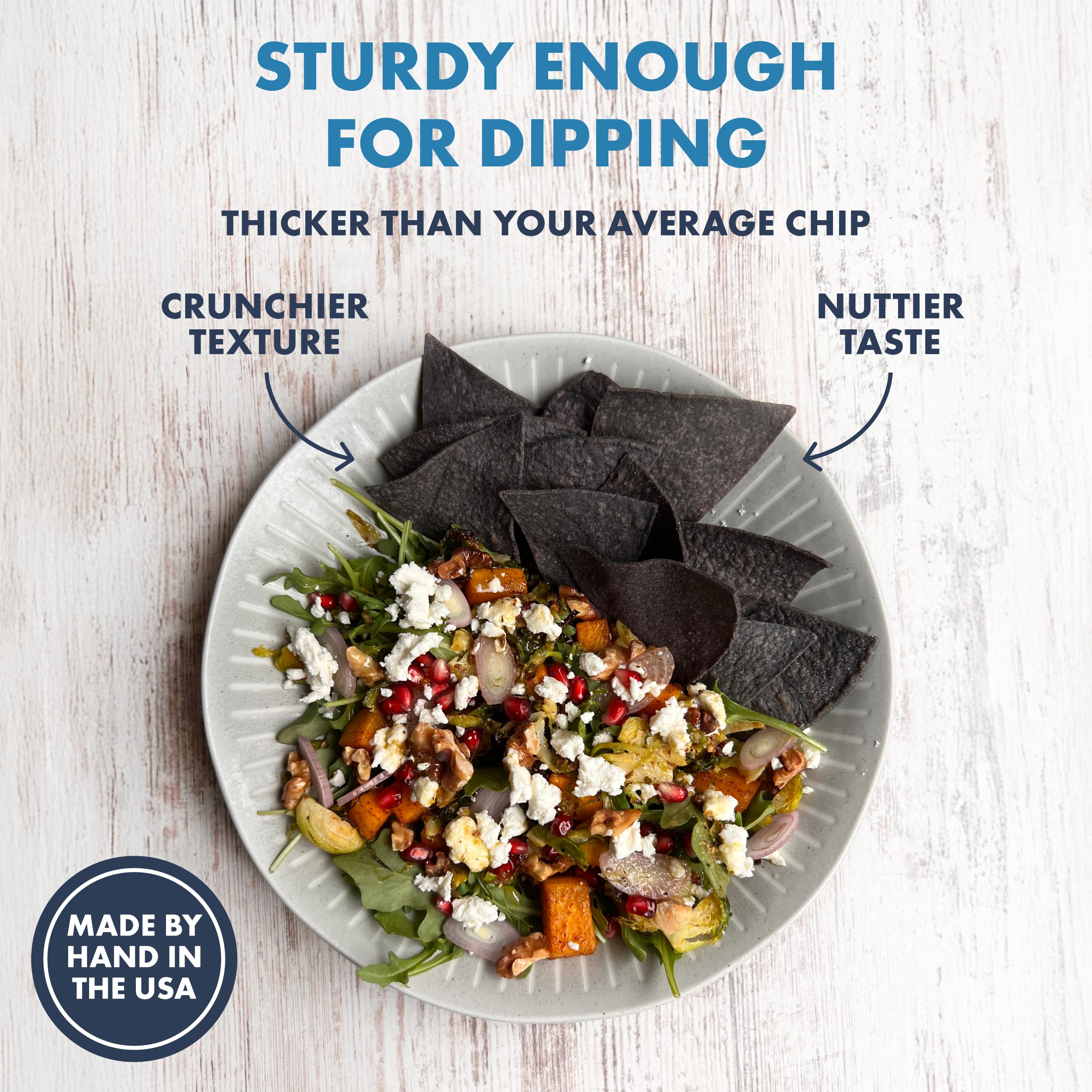 Ancient Crunch MASA Blue Corn Chips surface with sea salt shine close up