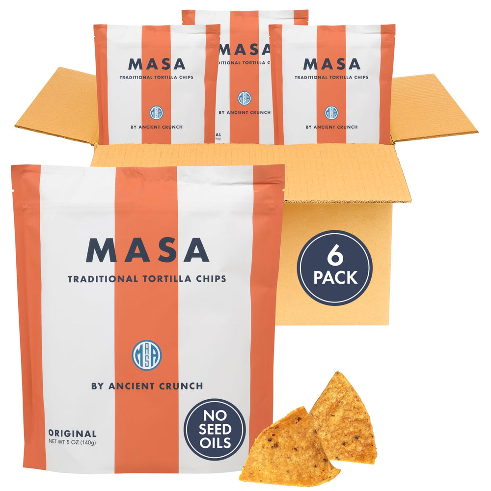Ancient Crunch MASA Chips crisp closeup, ideal for dipping with salsa