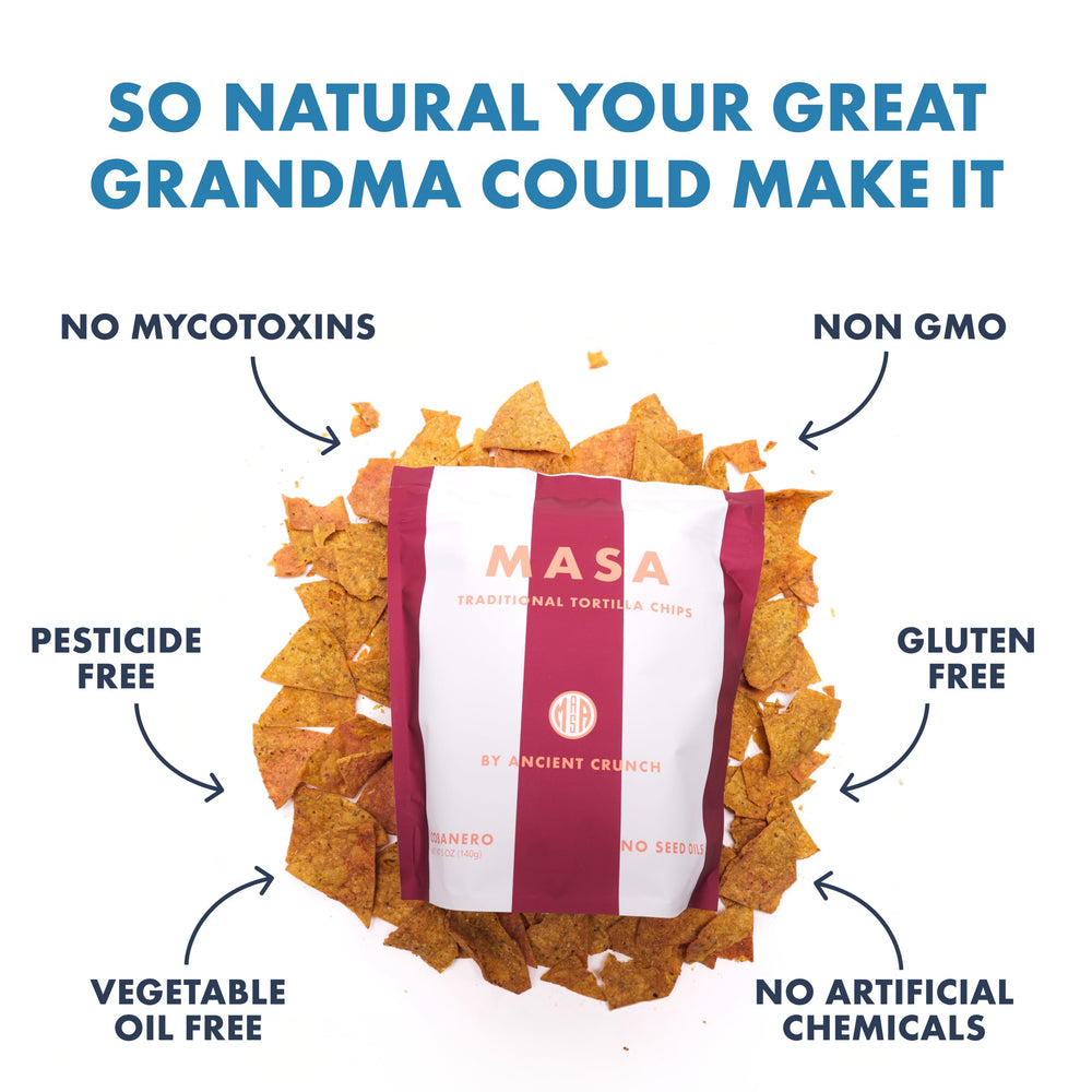 Ingredients highlight yellow corn and Cobanero chili from Ancient Crunch.