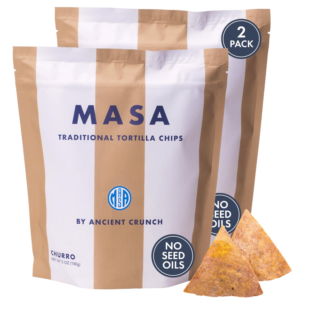 Ancient Crunch MASA churro chips 2-pack closeup, crispy and inviting for snacking.