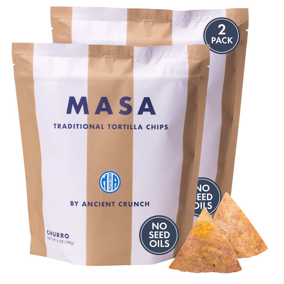 Ancient Crunch MASA churro chips 2-pack closeup, crispy and inviting for snacking.