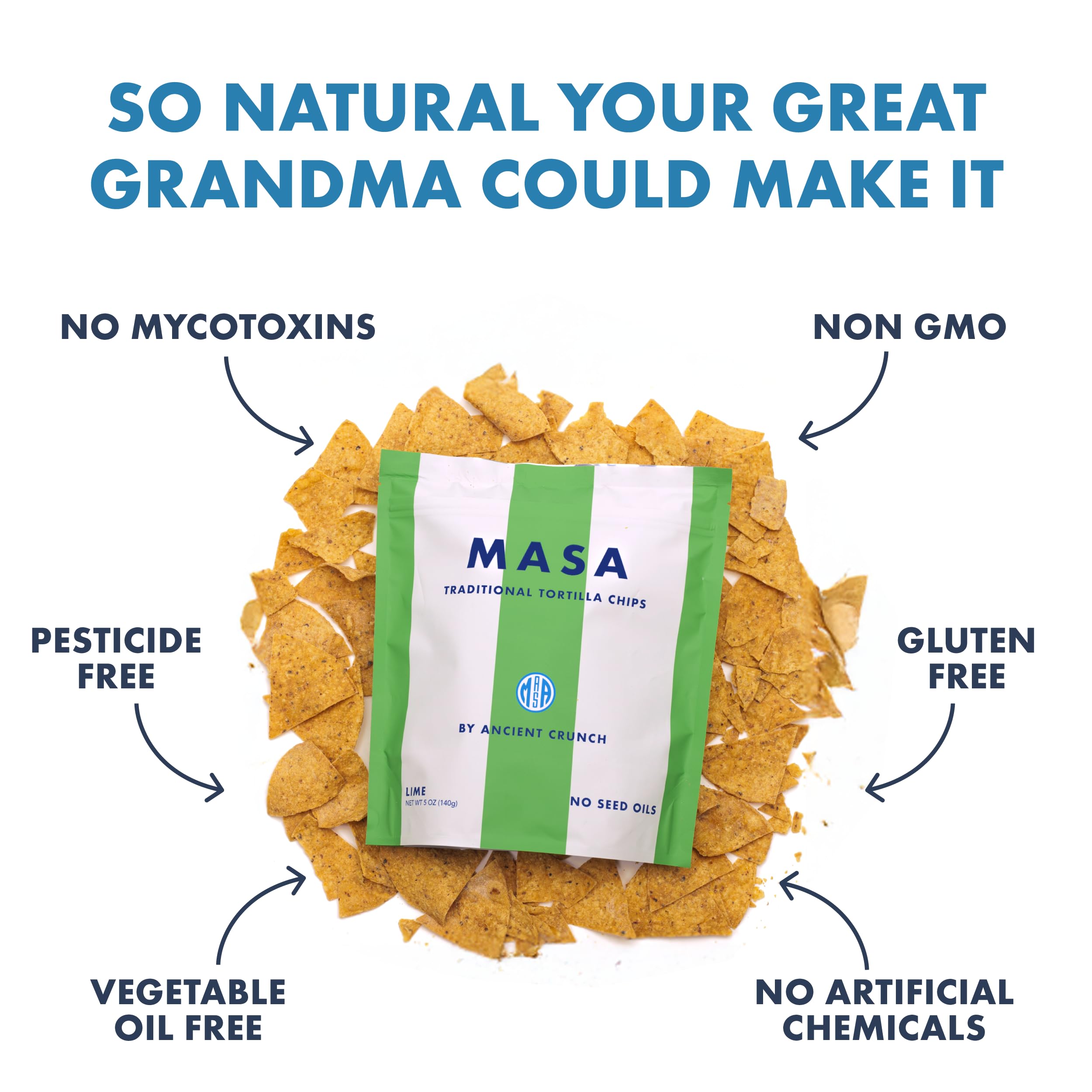Ancient Crunch MASA White Corn Chips—nixtamalized corn for rich flavor.