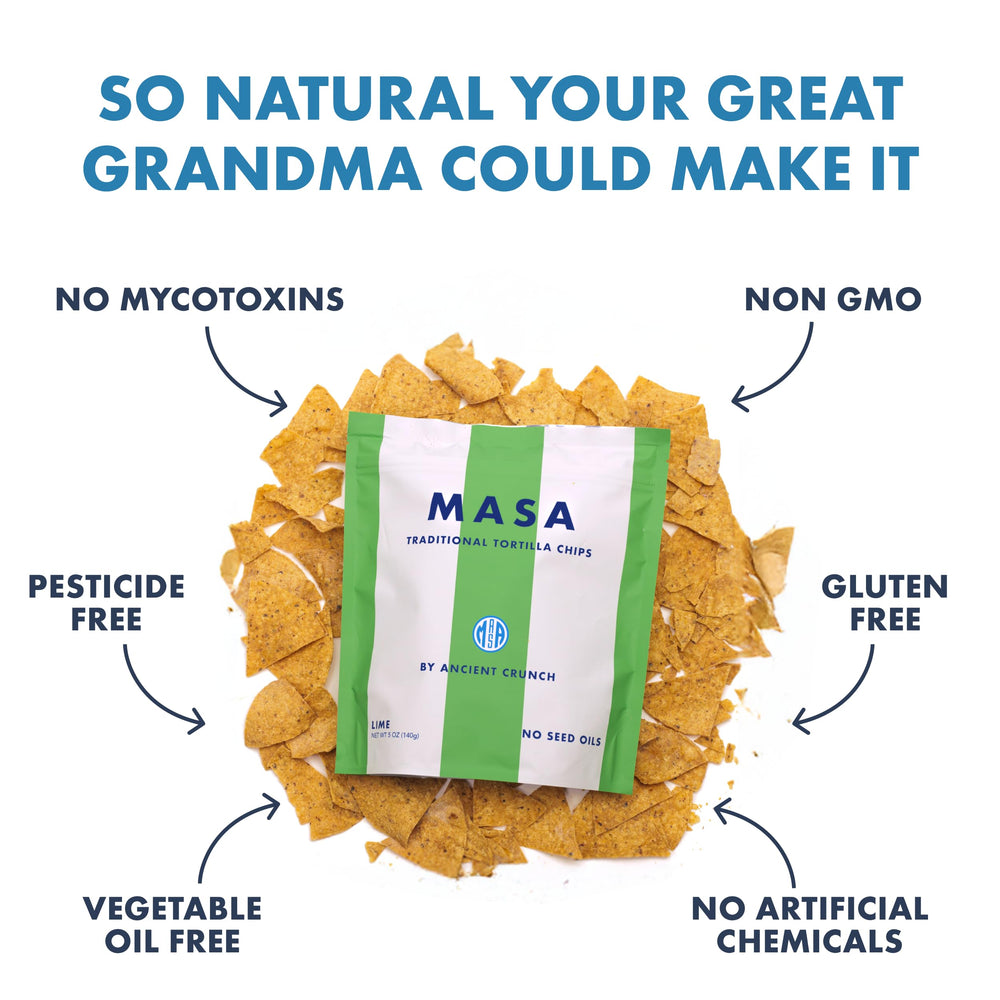 Ancient Crunch MASA White Corn Chips—nixtamalized corn for rich flavor.