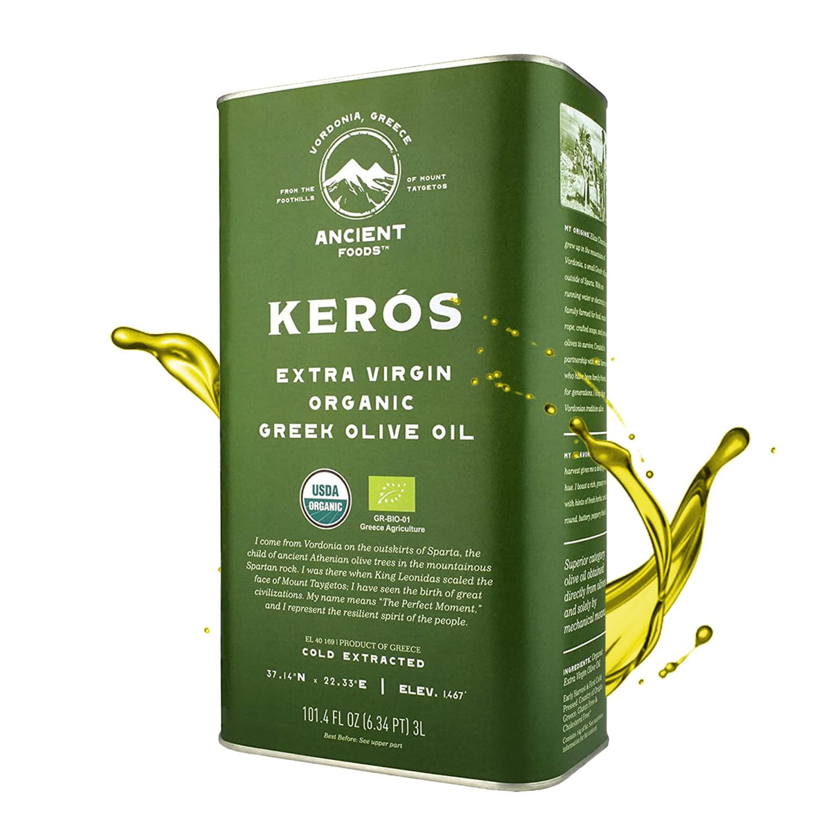 Ancient Foods Keros olive oil bottle pour, enhancing dishes with grassy, fresh notes.