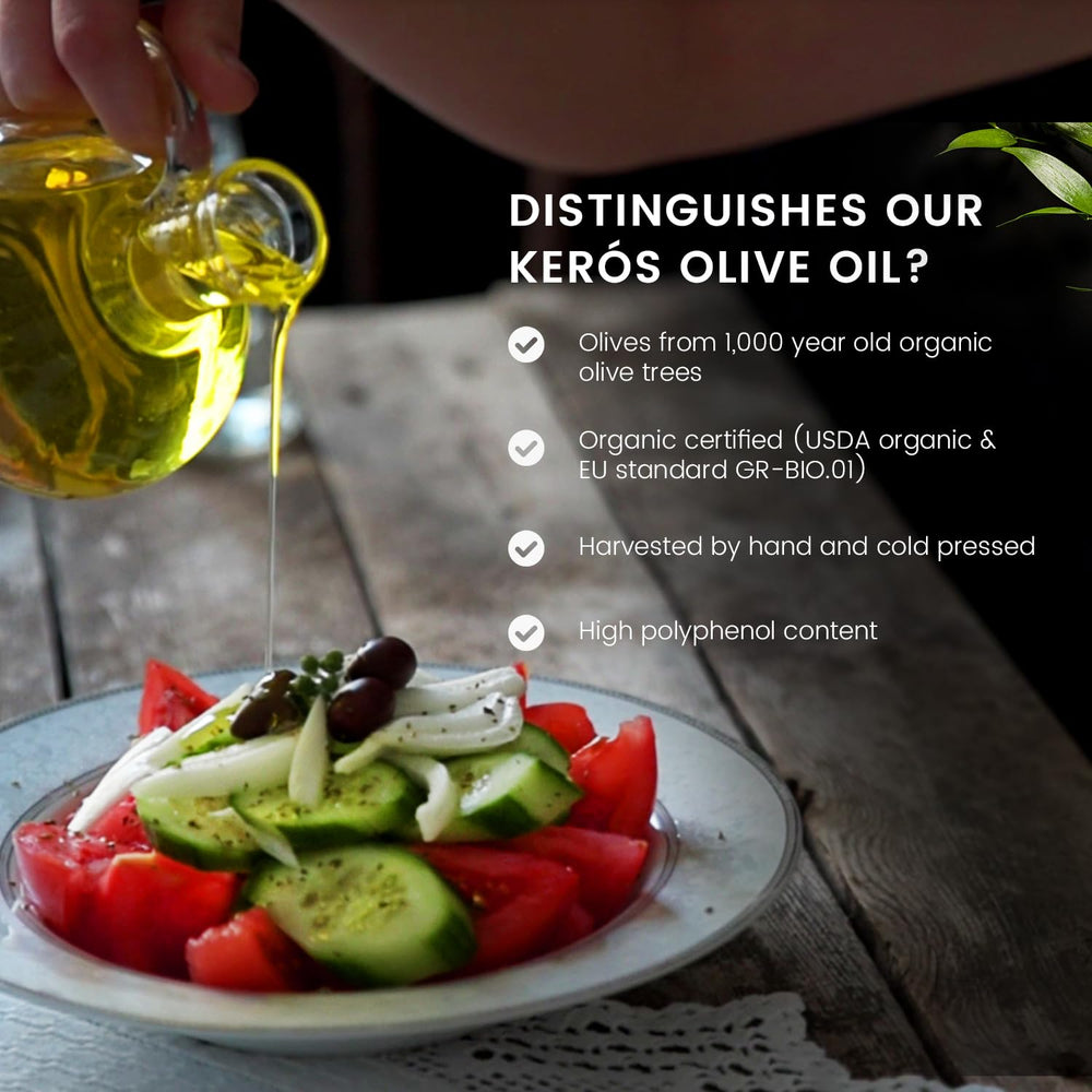 Ancient Foods Keros olive oil glass bottle, unfiltered and polyphenol-rich finish.