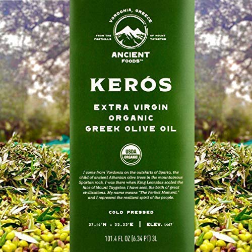 Ancient Foods Keros olive oil with buttery-peppery finish, versatile for many dishes.