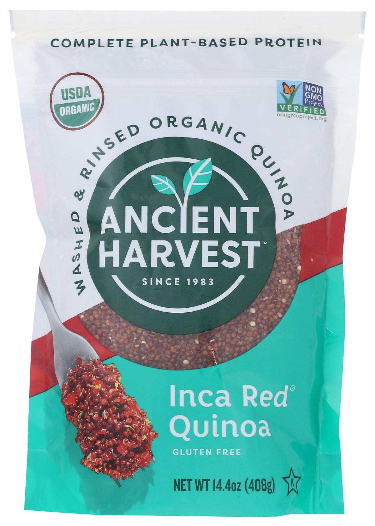 Ancient Harvest Inca Red quinoa 12oz front label promotes gluten-free, high-protein meals