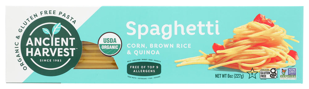 Ancient Harvest quinoa spaghetti pack; gluten-free and wheat-free pasta option for allergy-conscious meals.