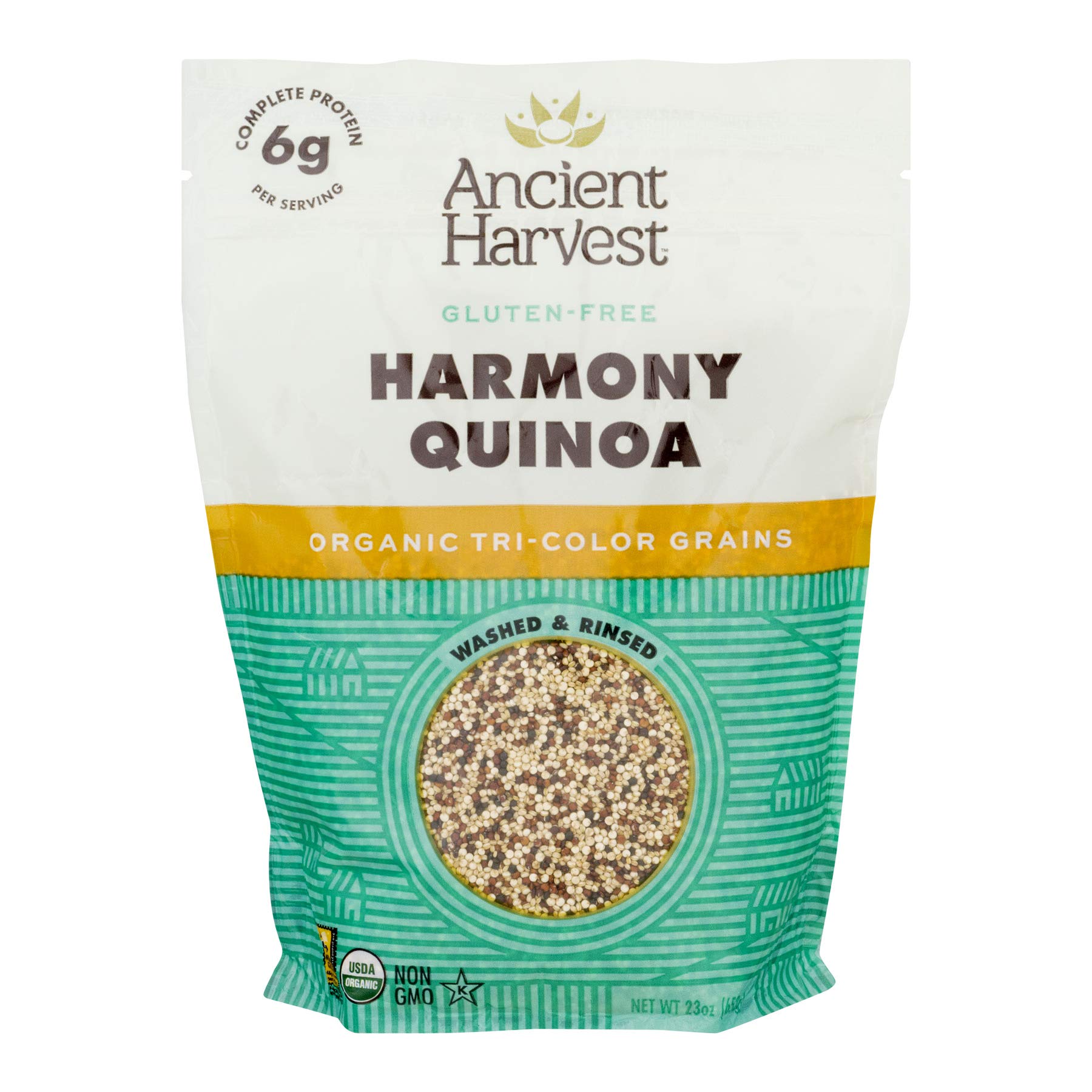 Ancient Harvest Tri-Color Harmony quinoa front label showing organic quality for versatile meals
