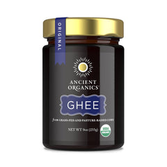 Ancient Organics Ghee bottle label shows organic, grass-fed quality for cooking