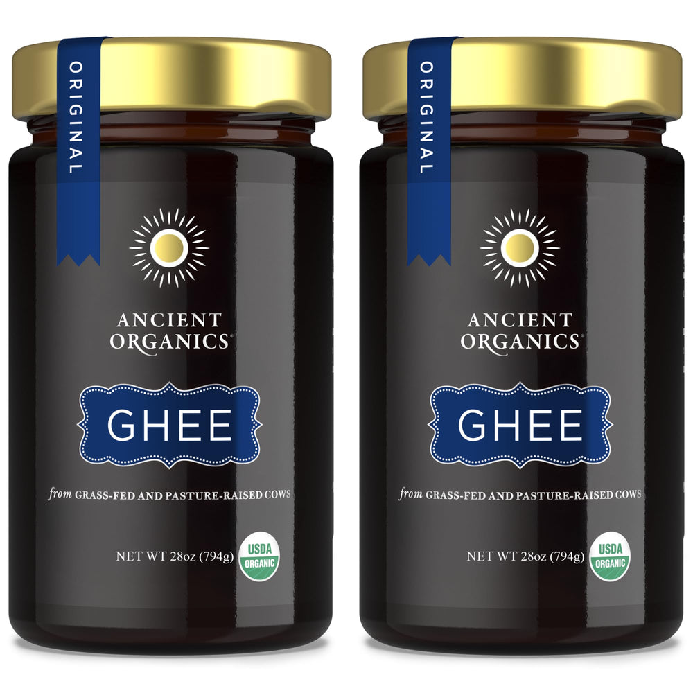 Ancient Organics Ghee bottle pour, buttery aroma enhances high-heat cooking.
