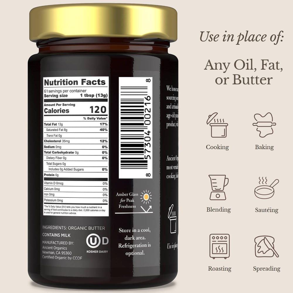 Ancient Organics ghee pan sizzle, rich golden texture ideal for sauteing.