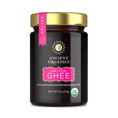 Ancient Organics Salted Ghee bottle pour for high-heat cooking and topping.