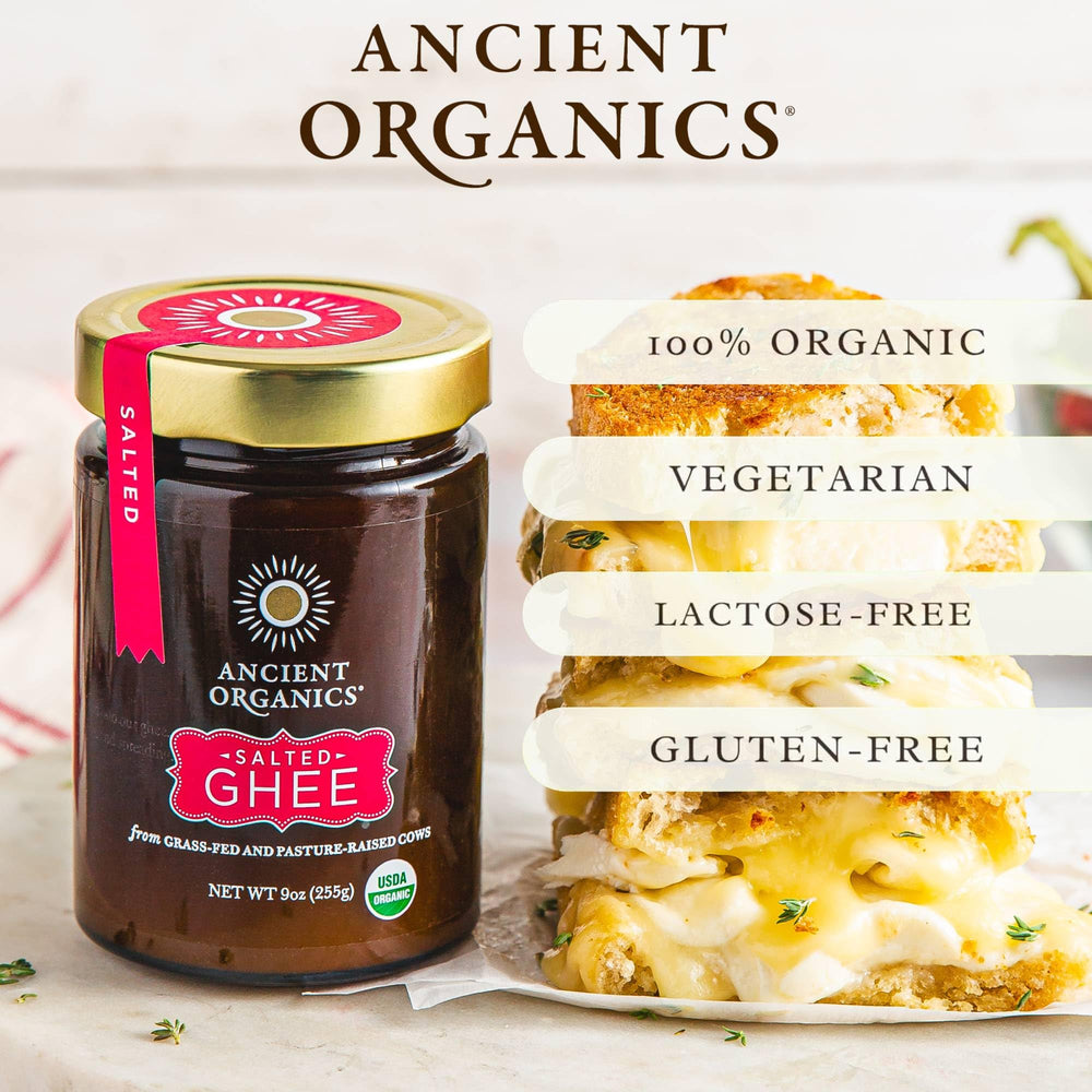 Ancient Organics Salted Ghee made from organic grass-fed butter for premium flavor.