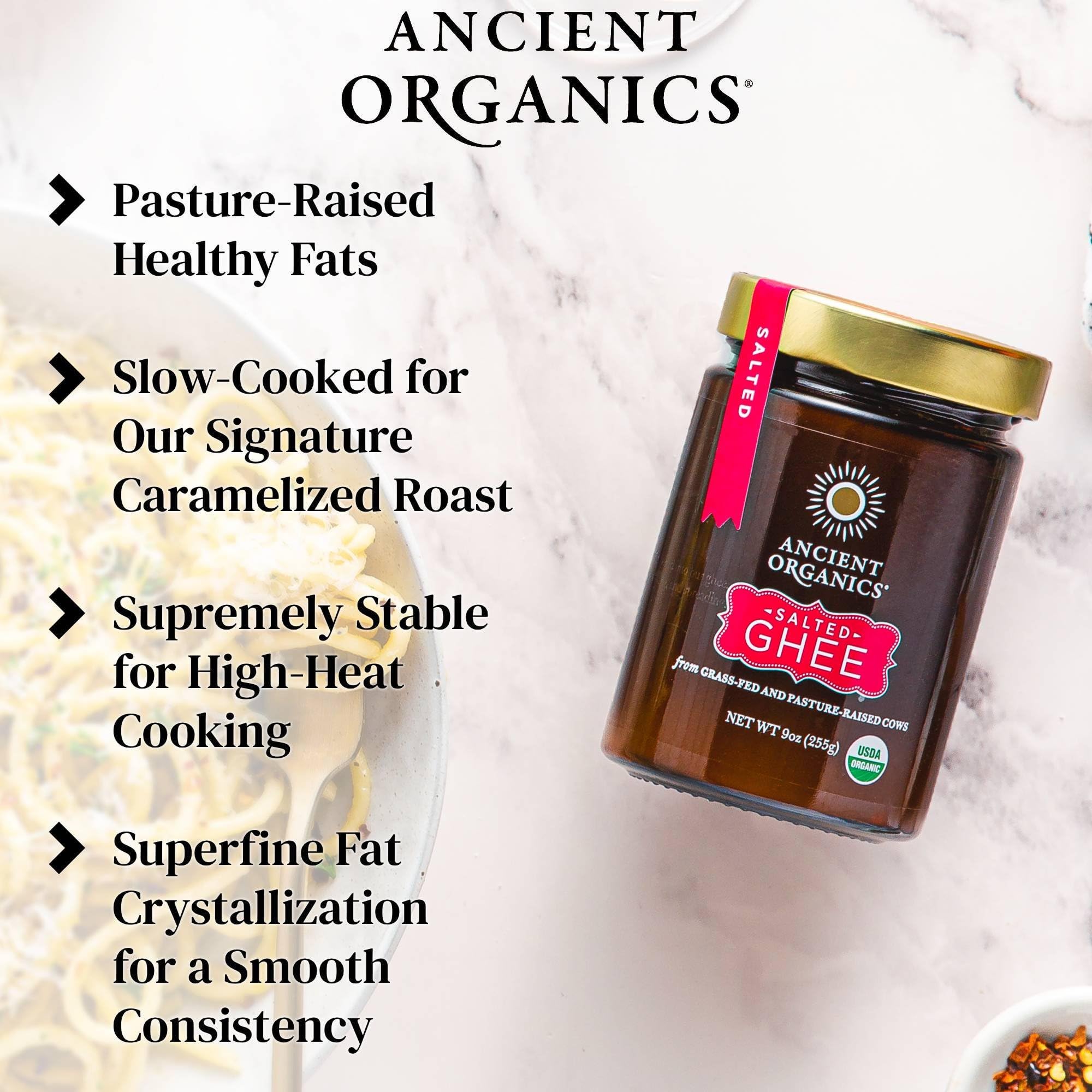 Ancient Organics Salted Ghee kosher-certified seal on a glass jar.