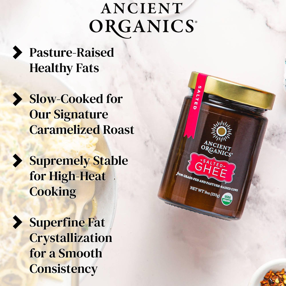 Ancient Organics Salted Ghee kosher-certified seal on a glass jar.