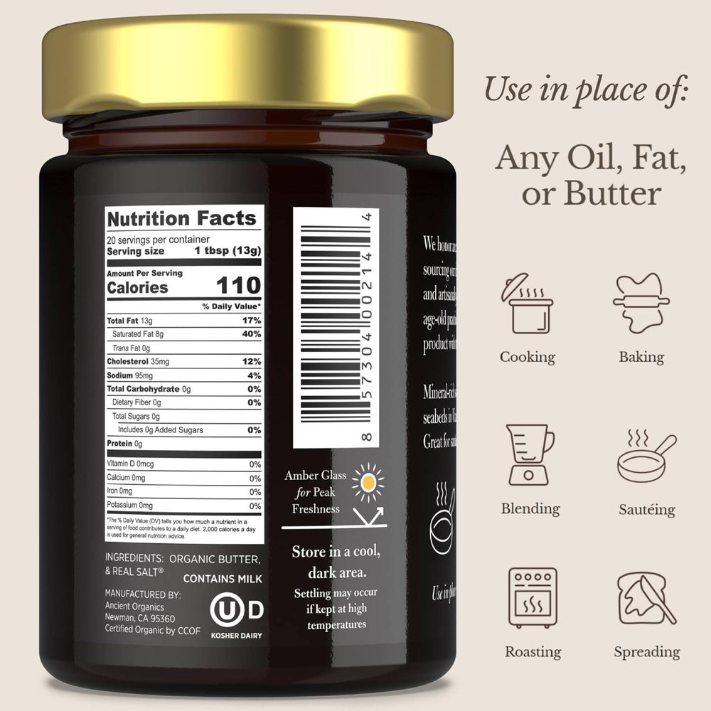Ancient Organics Salted Ghee sizzling in a pan for flavorful sautéing.