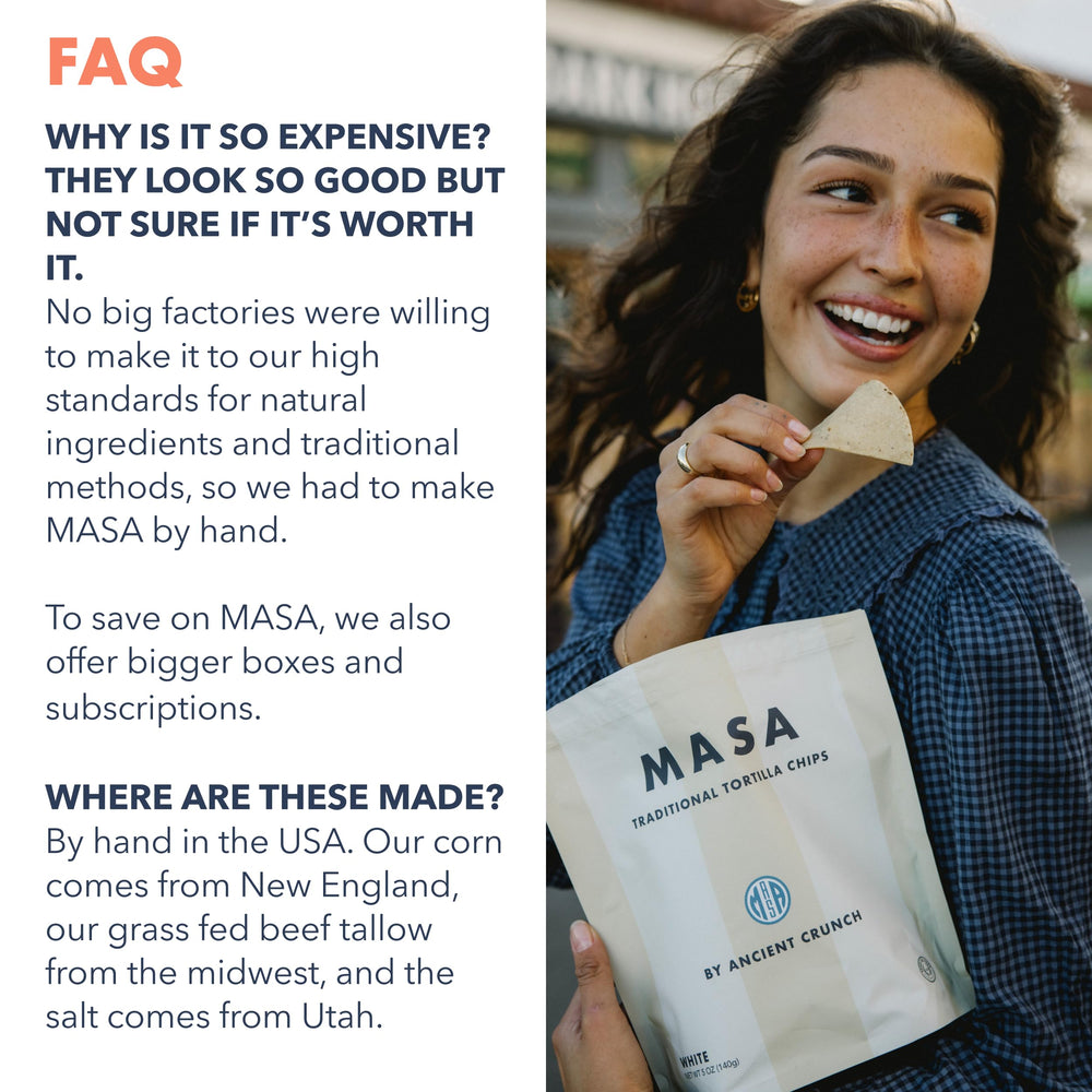 Gluten-free and dairy-free MASA chip packaging label visible.