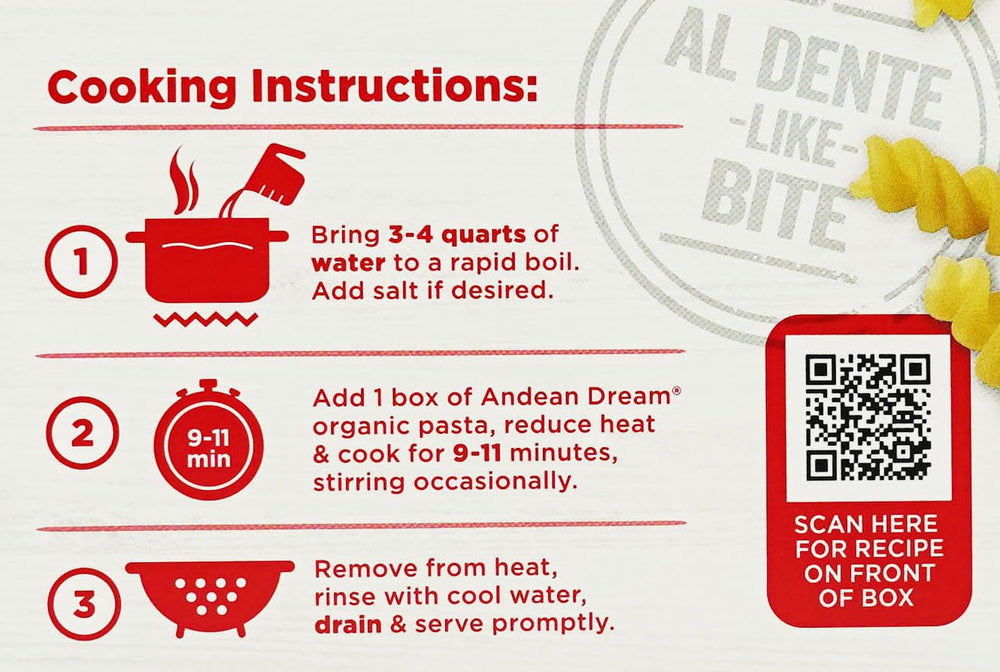 Andean Dream quinoa fusilli ingredients image highlighting simple, artificial-free choice