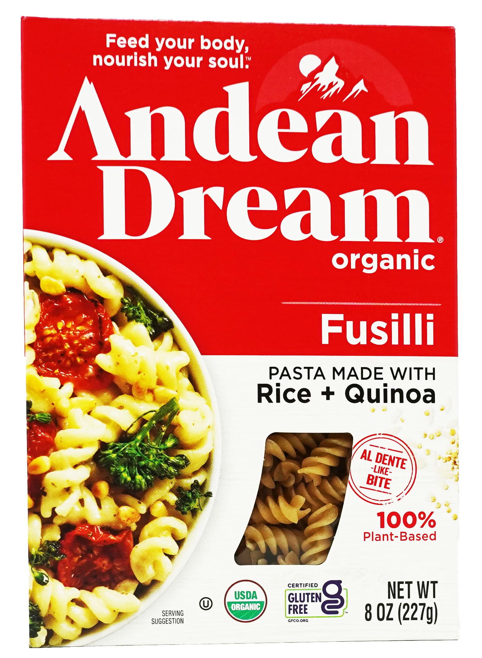 Andean Dream quinoa fusilli packshot showing gluten-free pasta option with protein-rich bite
