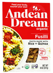 Andean Dream quinoa fusilli packshot showing gluten-free pasta option with protein-rich bite