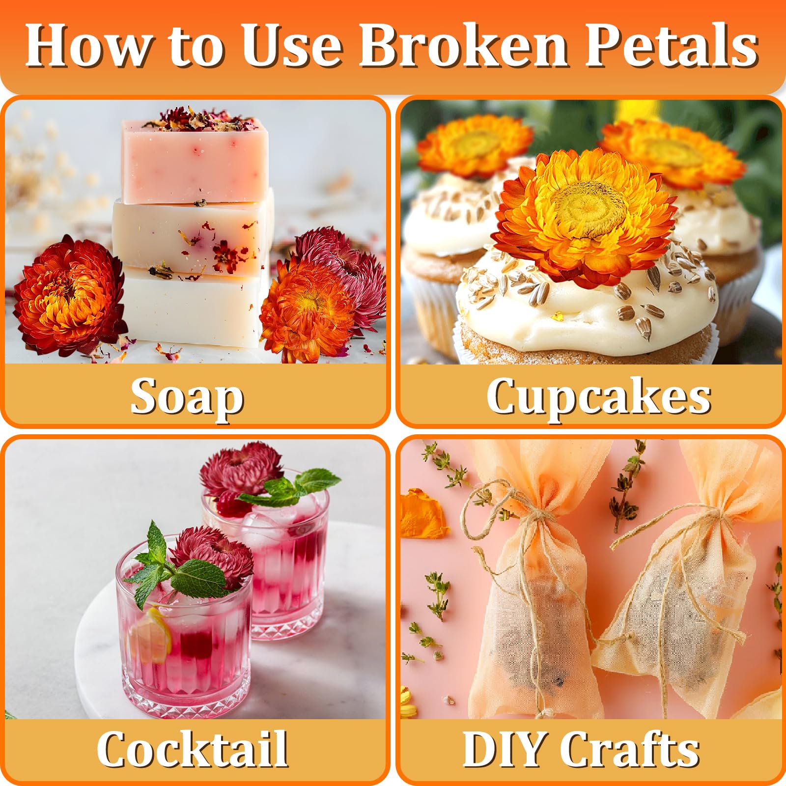 Andekas dessert garnishes display colorful petals on plates.