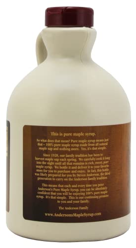 Anderson's Maple Syrup Dark 32oz bottle on kitchen counter ready for topping