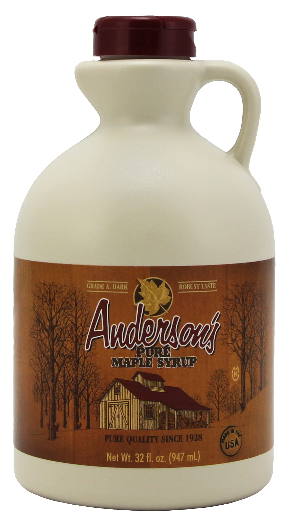 Anderson's Maple Syrup Dark 32oz bottle pour for topping pancakes with rich flavor