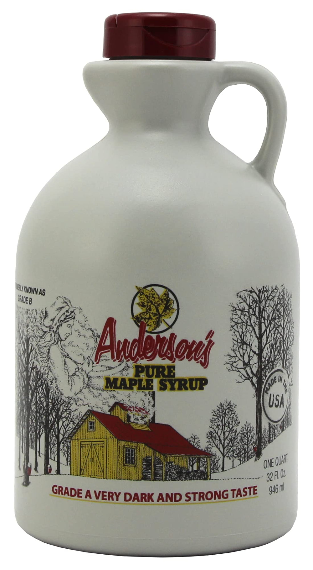 Anderson's Maple Syrup Very Dark 32oz bottle shows bold flavor for cooking and topping