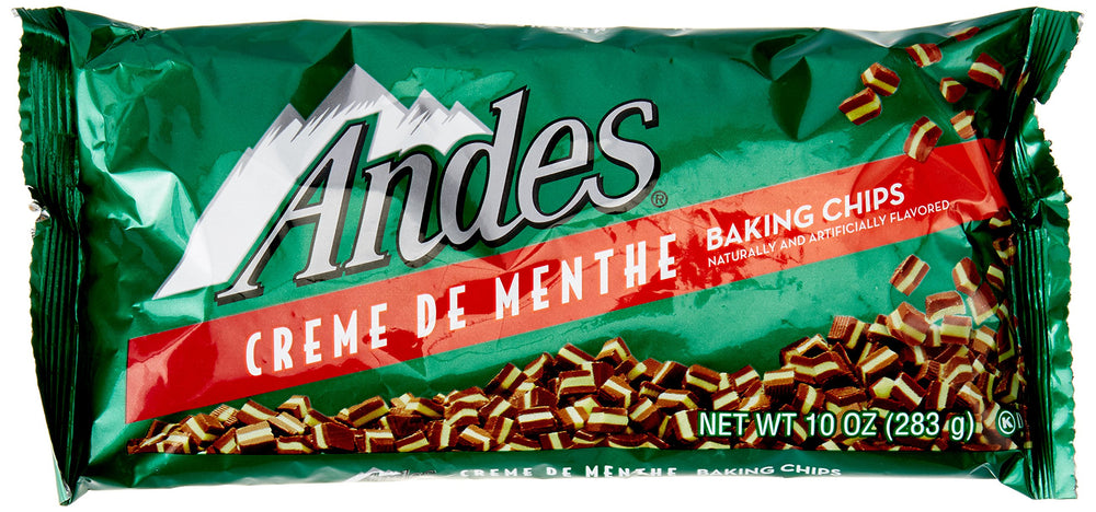 Andes Creme de Menthe Baking Chips pack showing mint chocolate flavor for baking.