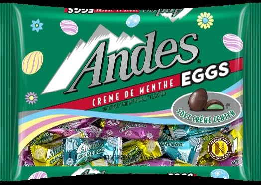 Andes Creme de Menthe Easter Eggs are chocolate-covered mint-filled candies, perfect for Easter baskets.