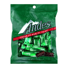 Andes Creme De Menthe Thins bag close-up showing mint and dark chocolate balance