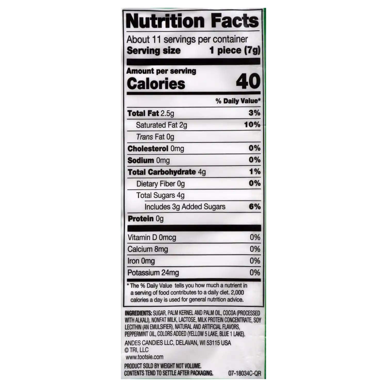 Andes Creme De Menthe Thins pack shot highlighting gluten-free and peanut-free indulgence
