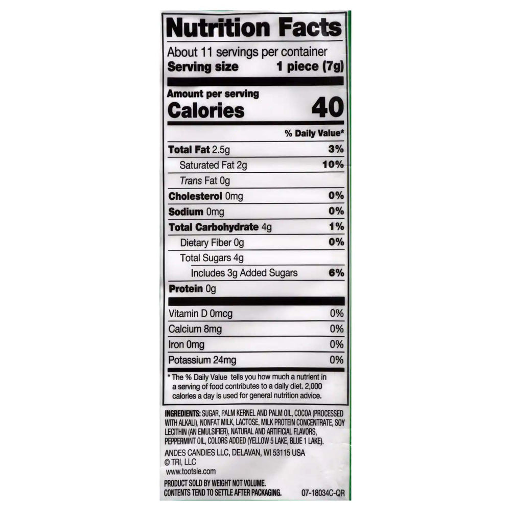 Andes Creme De Menthe Thins pack shot highlighting gluten-free and peanut-free indulgence