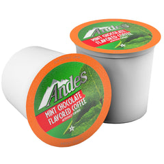 Andes Mints coffee pods brewing in cup for a chocolate mint aroma.