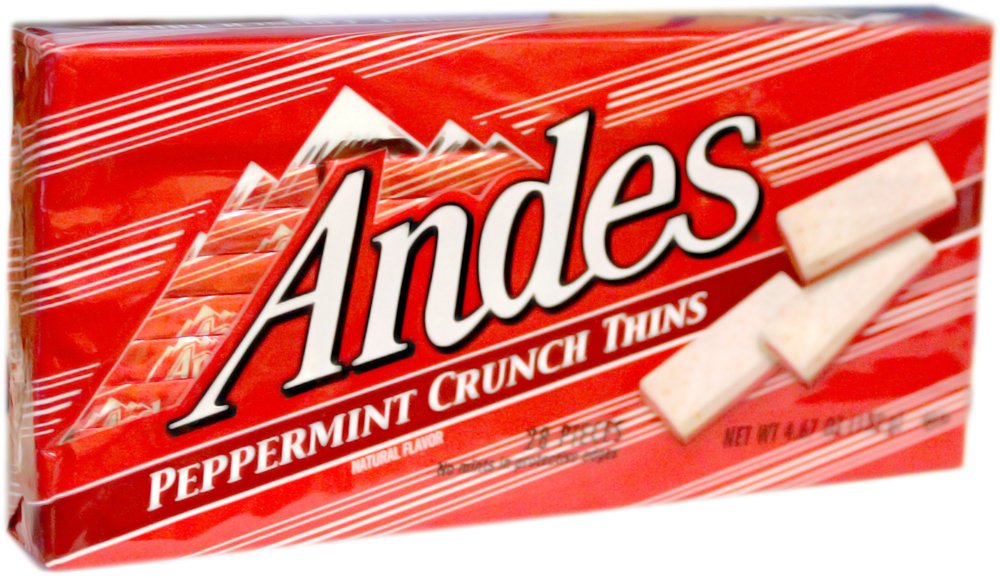 Andes Peppermint Crunch Thins box showing minty chocolate snack perfect for sharing.